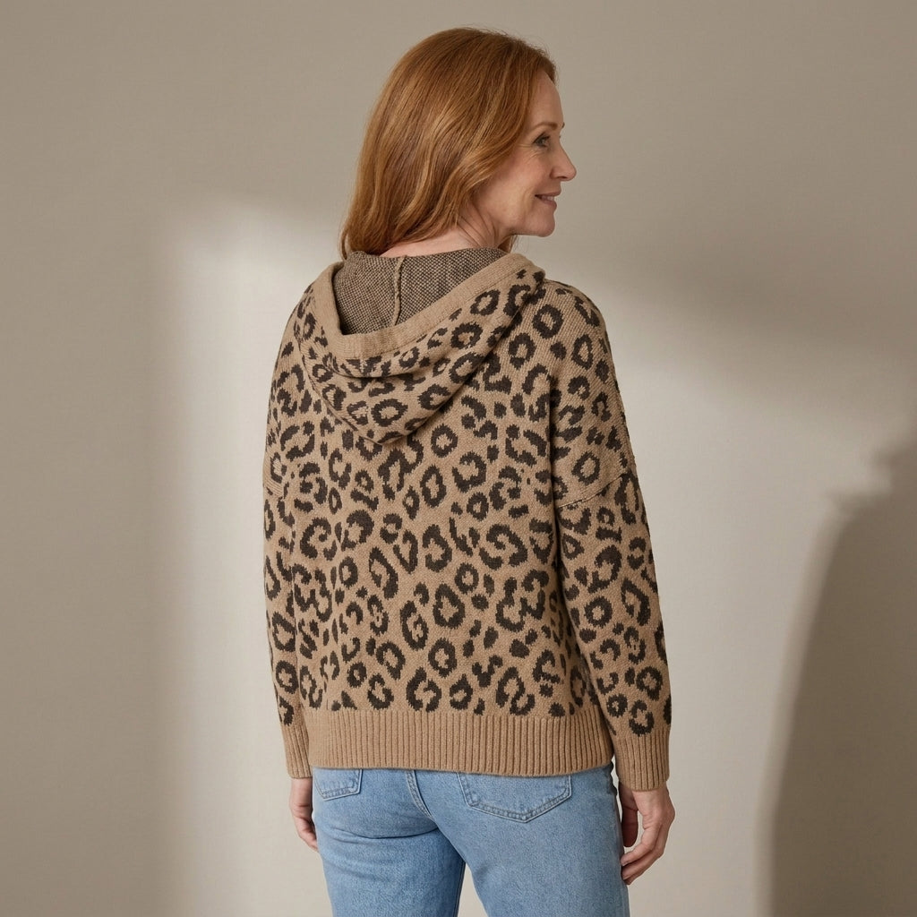 Women's Oversized Leopard Print Hooded Knit Jumper – Khaki