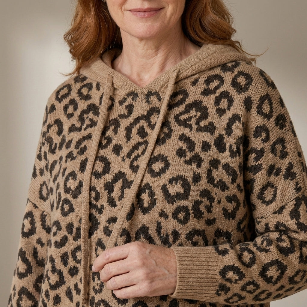 Women's Oversized Leopard Print Hooded Knit Jumper – Khaki