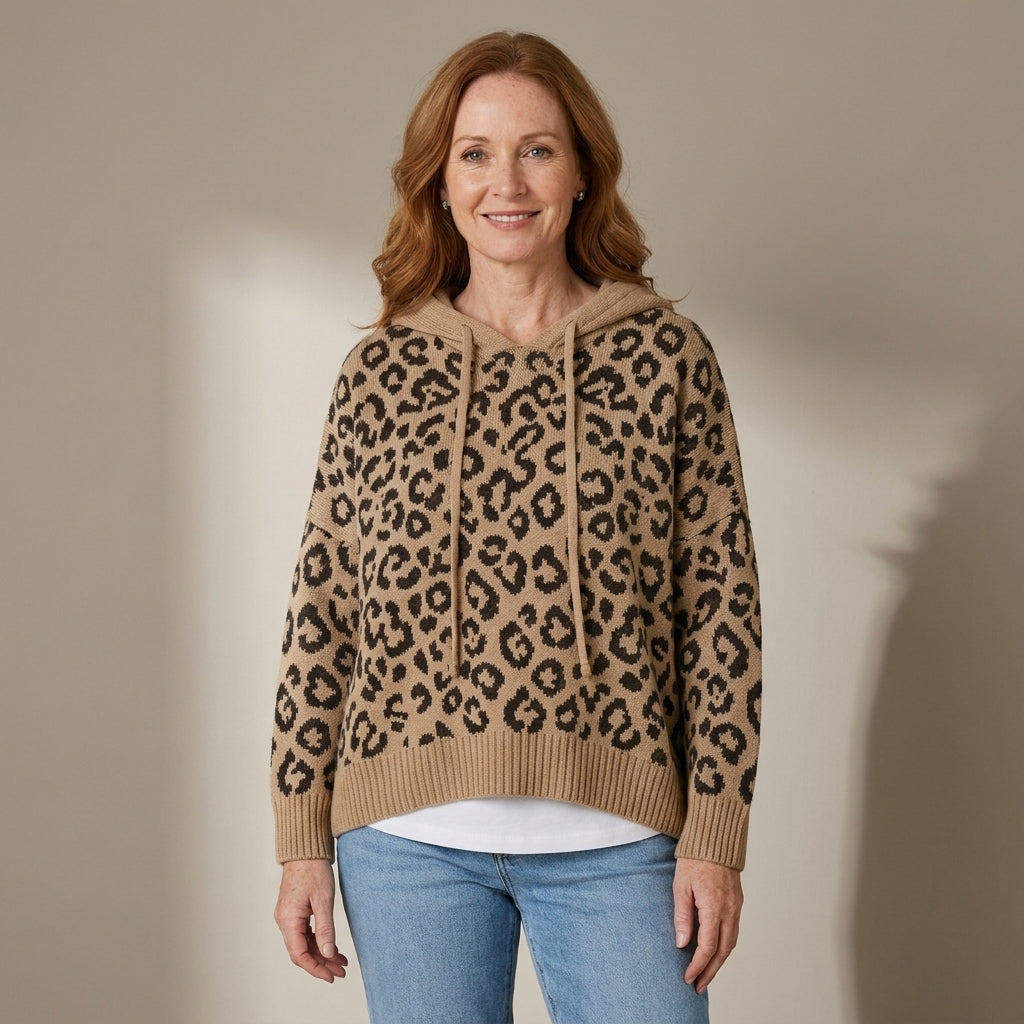Women's Oversized Leopard Print Hooded Knit Jumper – Khaki