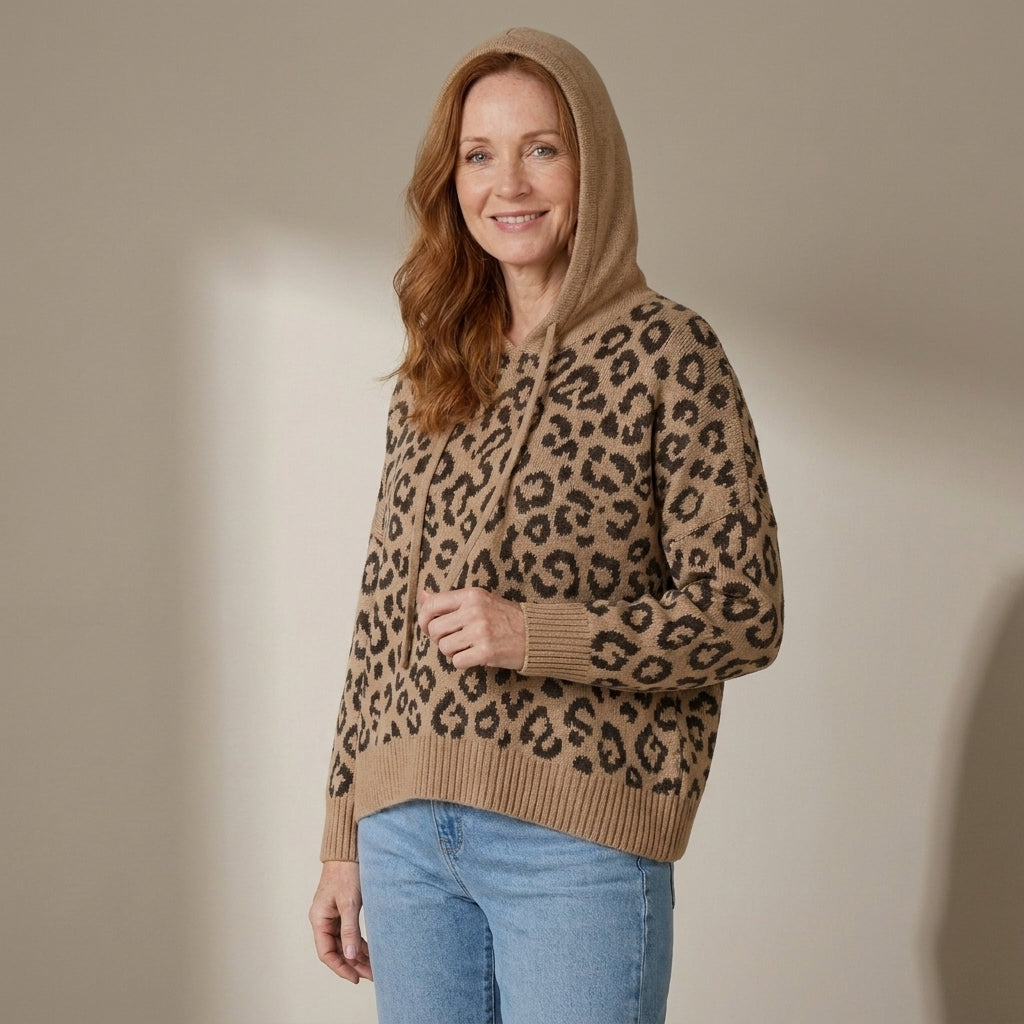 Women's Oversized Leopard Print Hooded Knit Jumper – Khaki