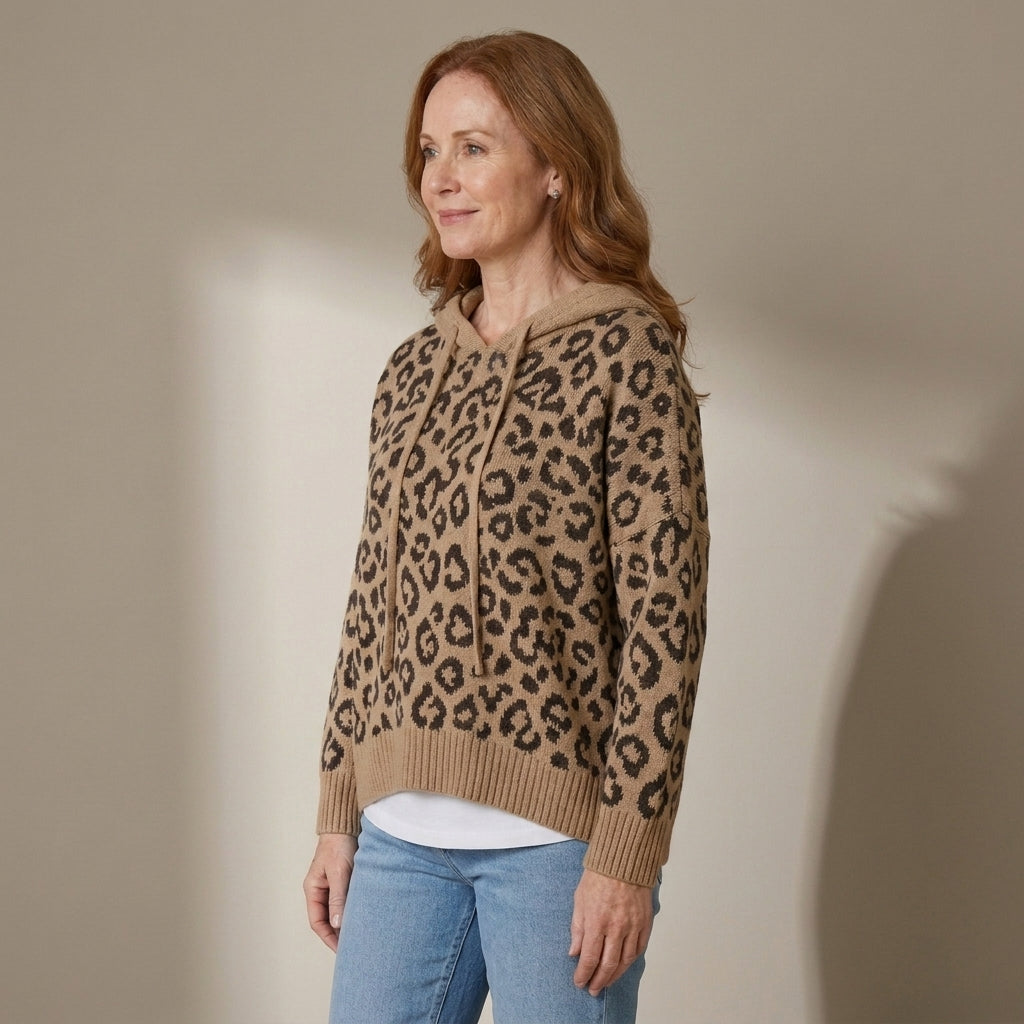 Women's Oversized Leopard Print Hooded Knit Jumper – Khaki