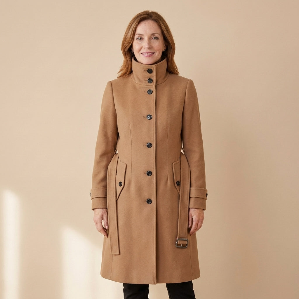 Women's Long Wool Blend Winter Coat – Double-Breasted with High Stand Collar & Belt