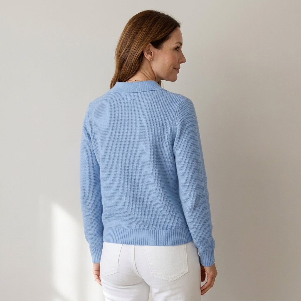 Women's Light Blue Collared Cardigan – Soft Waffle Knit Button-Up Jumper, Long Sleeve