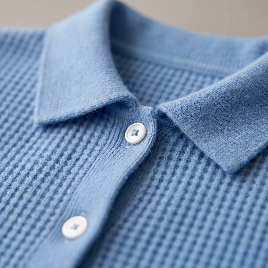 Women's Light Blue Collared Cardigan – Soft Waffle Knit Button-Up Jumper, Long Sleeve