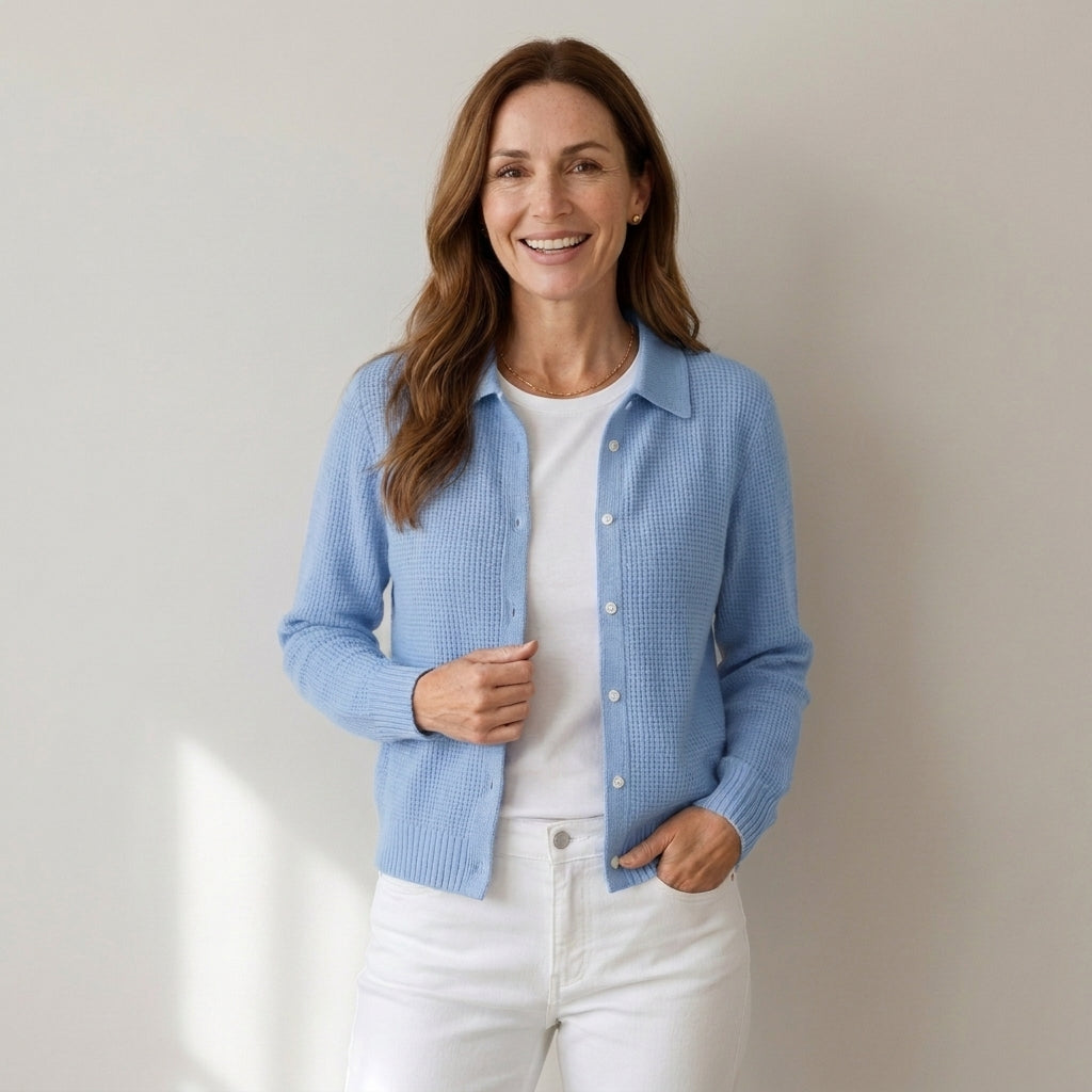 Women's Light Blue Collared Cardigan – Soft Waffle Knit Button-Up Jumper, Long Sleeve