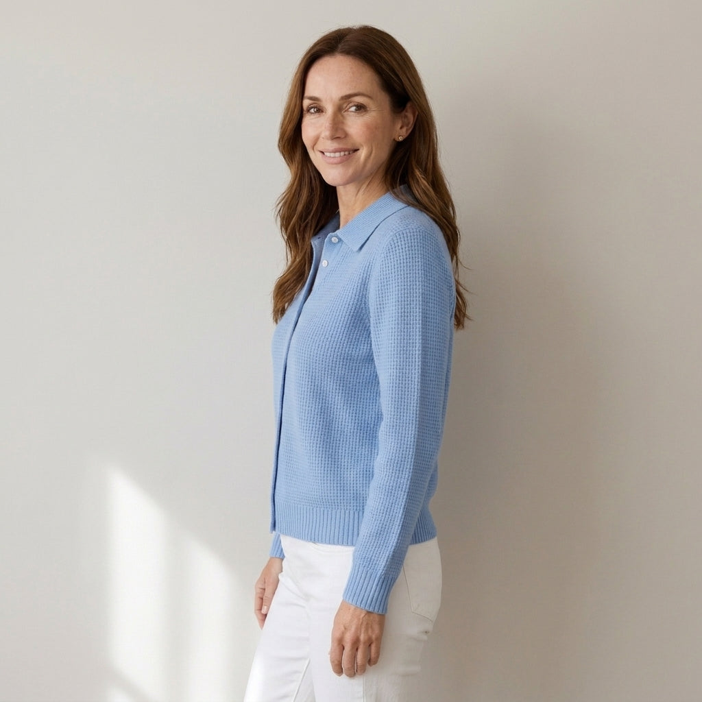 Women's Light Blue Collared Cardigan – Soft Waffle Knit Button-Up Jumper, Long Sleeve