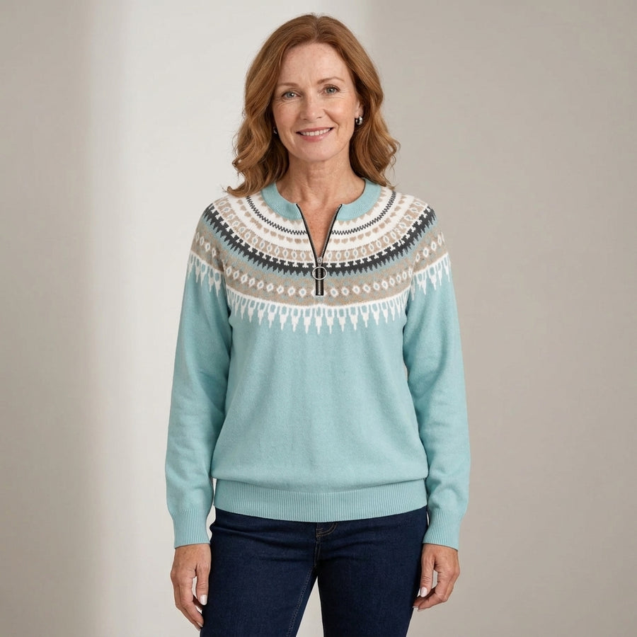 Women's Fair Isle Quarter Zip Jumper – Light Blue