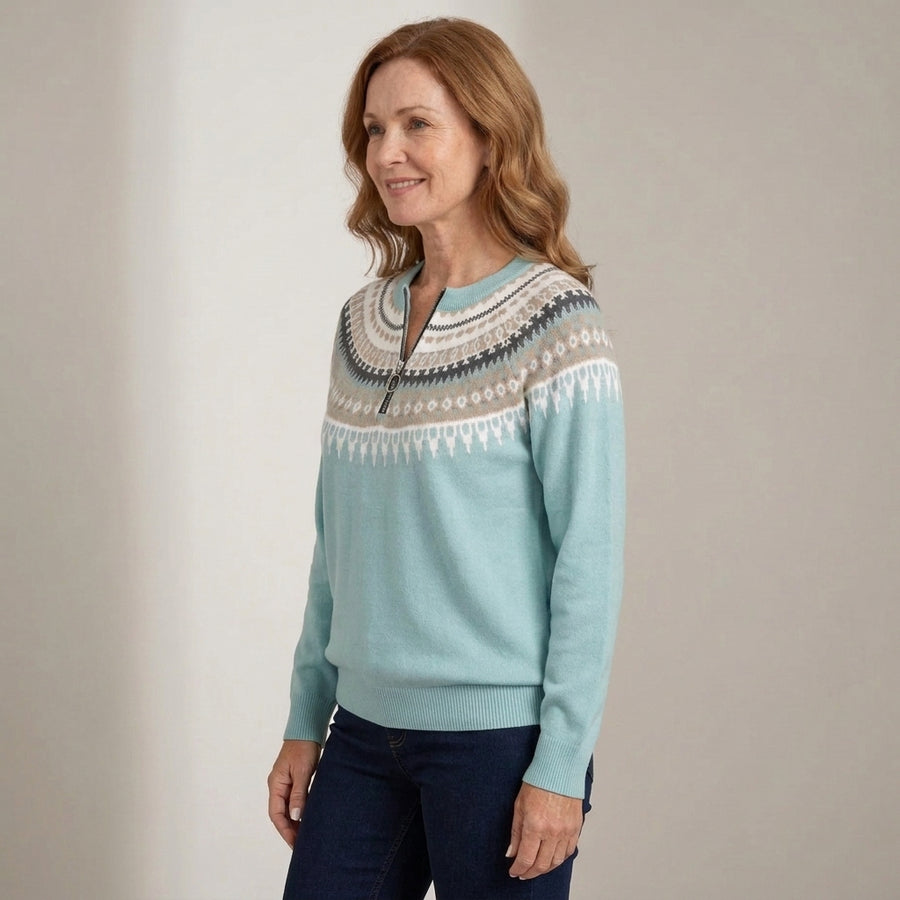 Women's Fair Isle Quarter Zip Jumper – Light Blue