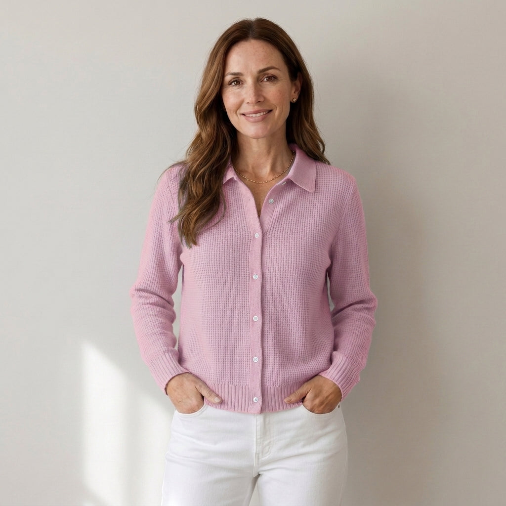 Women's Light Blue Collared Cardigan – Soft Waffle Knit Button-Up Jumper, Long Sleeve