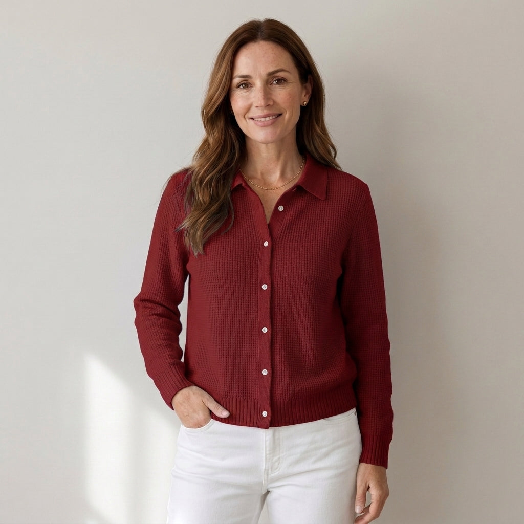 Women's Light Blue Collared Cardigan – Soft Waffle Knit Button-Up Jumper, Long Sleeve