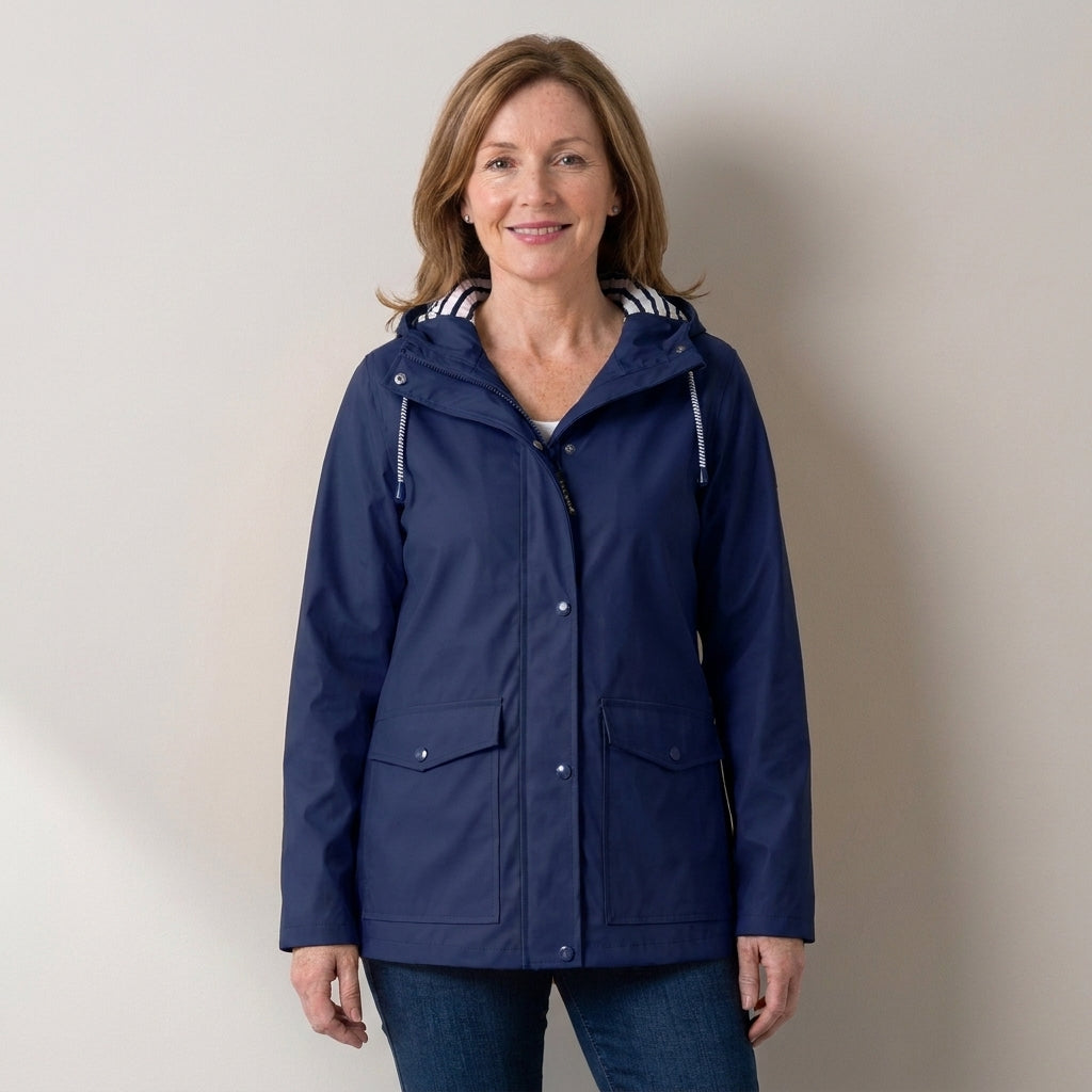 Women's Hooded Rain Jacket – Windproof & Waterproof Raincoat with Striped Lined Hood & Snap Pockets