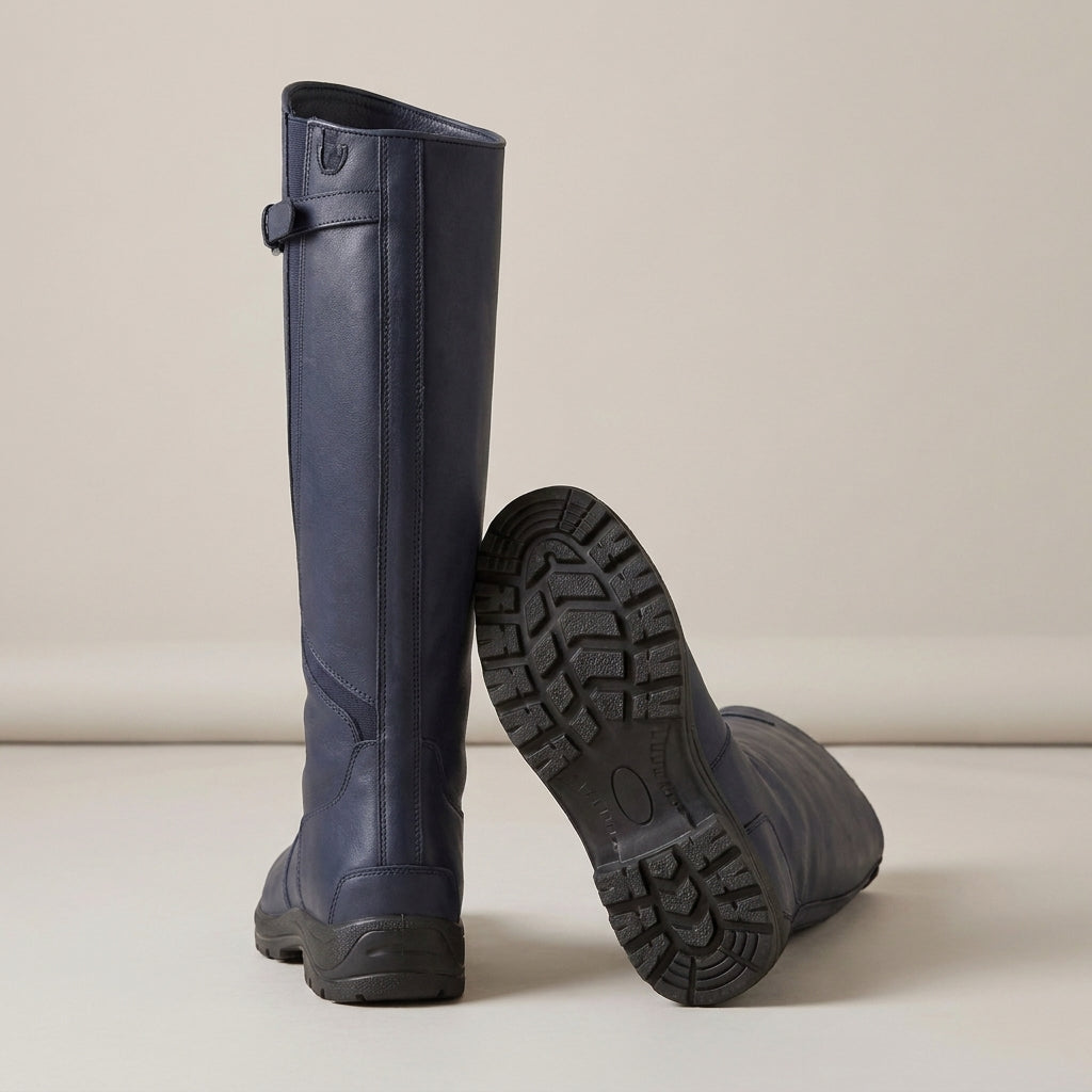 Women's Waterproof Knee High Boots with Buckle – Navy Blue