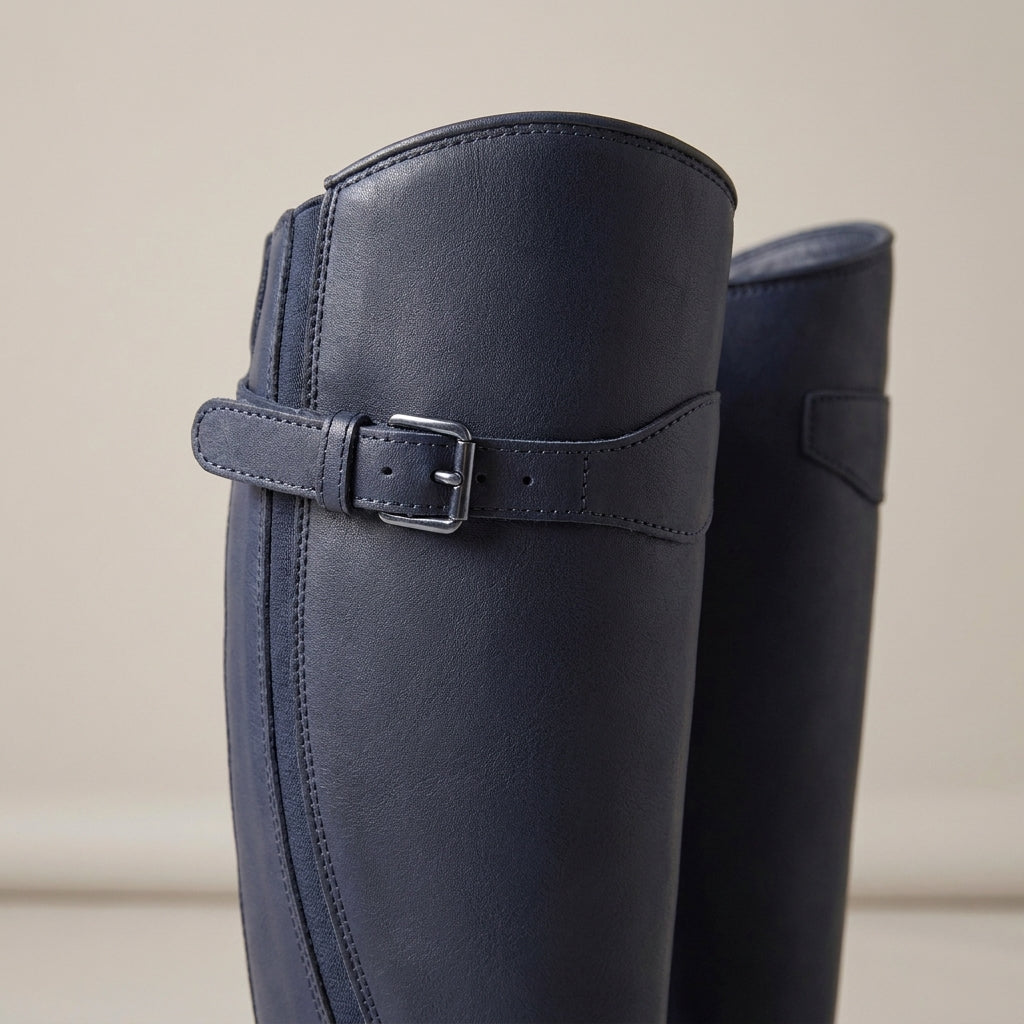 Women's Waterproof Knee High Boots with Buckle – Navy Blue