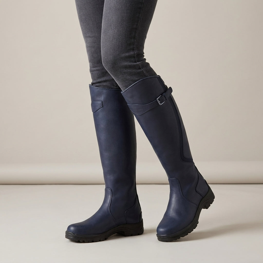 Women's Waterproof Knee High Boots with Buckle – Navy Blue