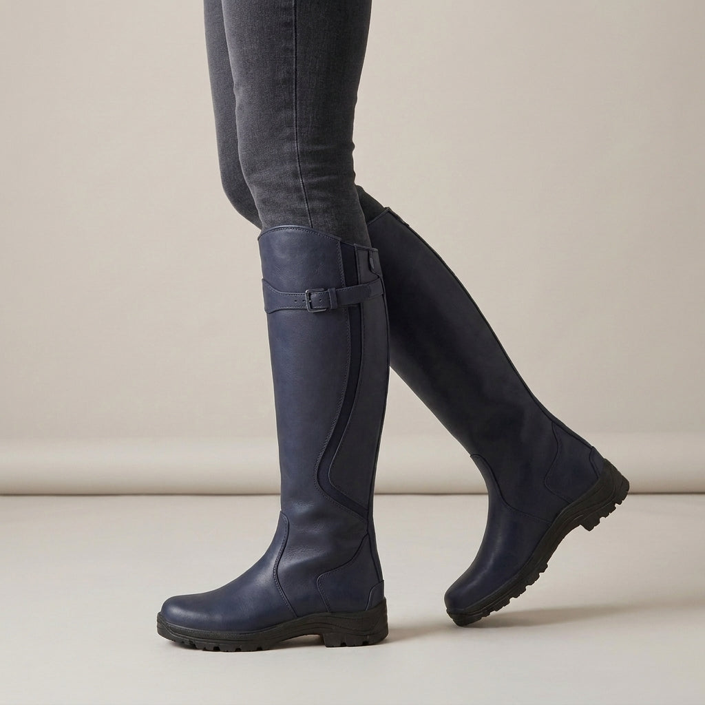 Women's Waterproof Knee High Boots with Buckle – Navy Blue