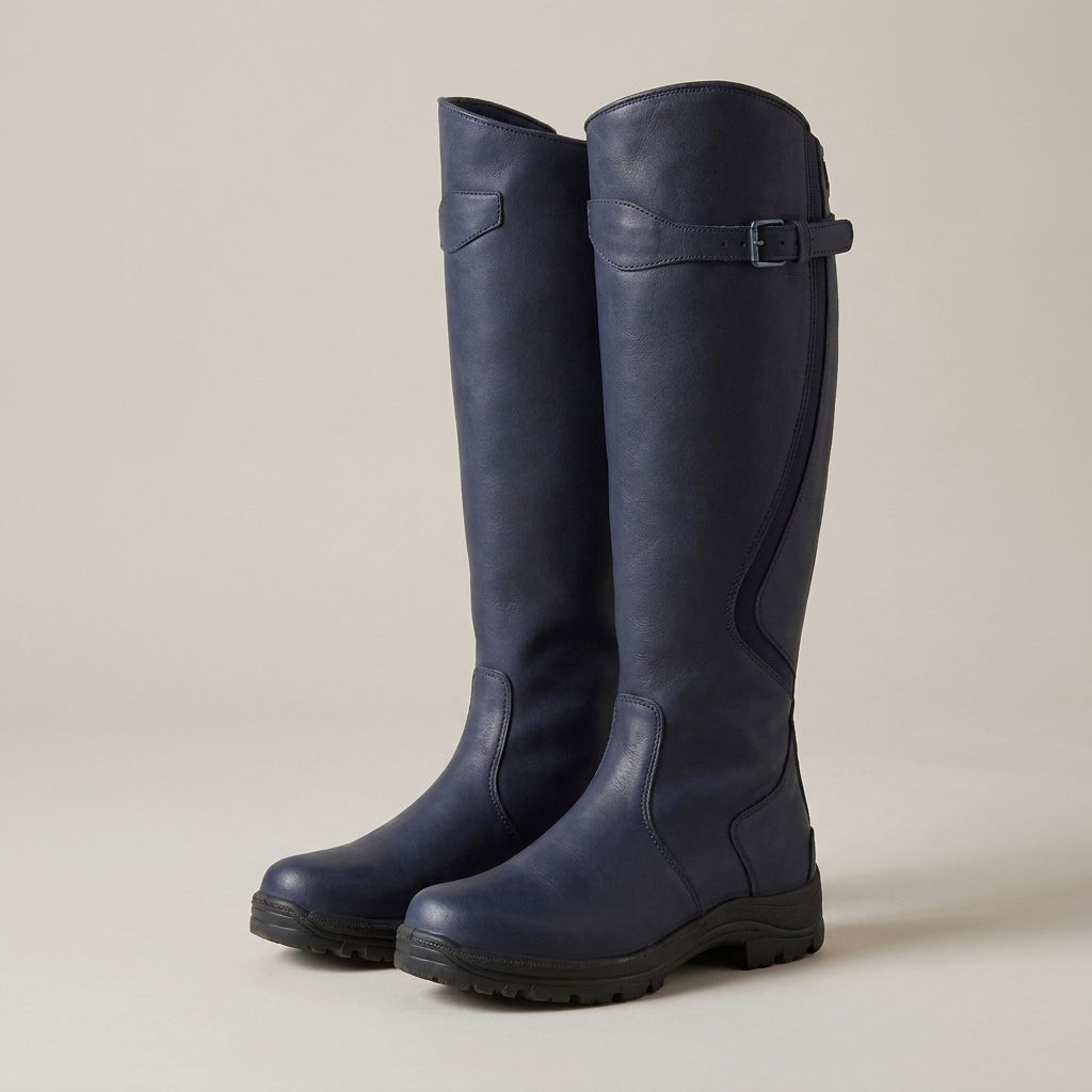 Women's Waterproof Knee High Boots with Buckle – Navy Blue