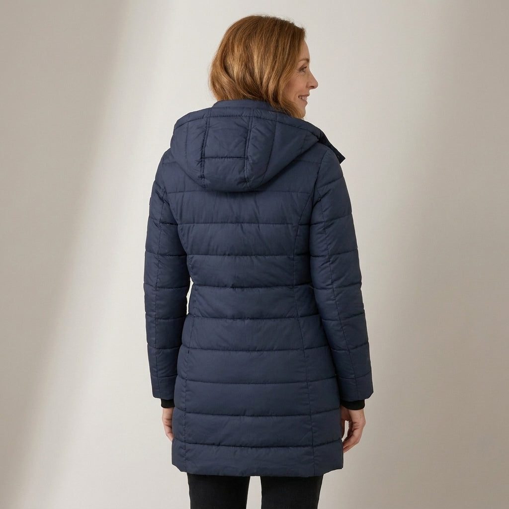 Women's Longline Quilted Puffer Coat with Detachable Hood – Fitted Padded Winter Jacket – Navy