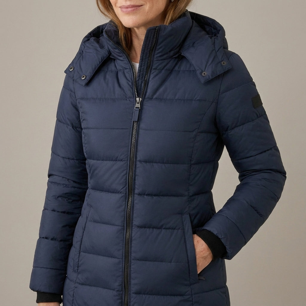 Women's Longline Quilted Puffer Coat with Detachable Hood – Fitted Padded Winter Jacket – Navy