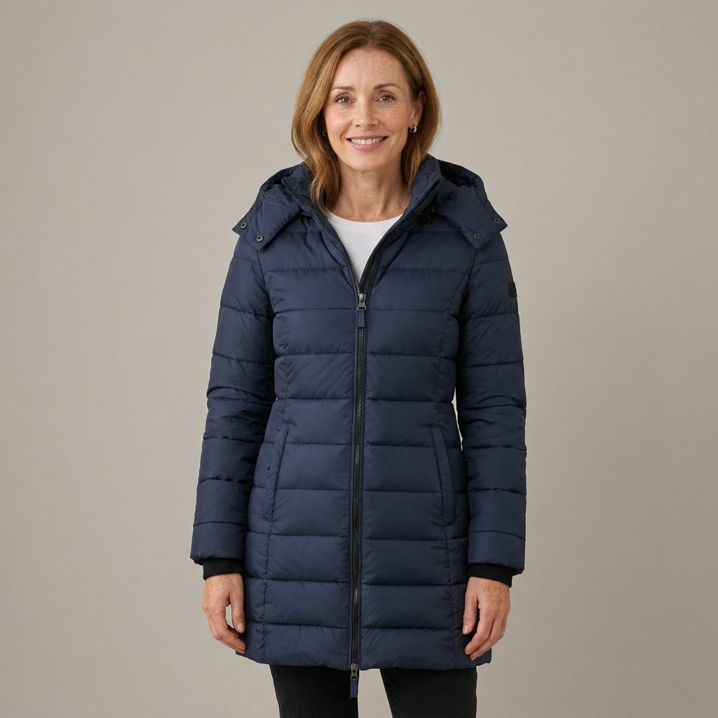 Women's Longline Quilted Puffer Coat with Detachable Hood – Fitted Padded Winter Jacket – Navy