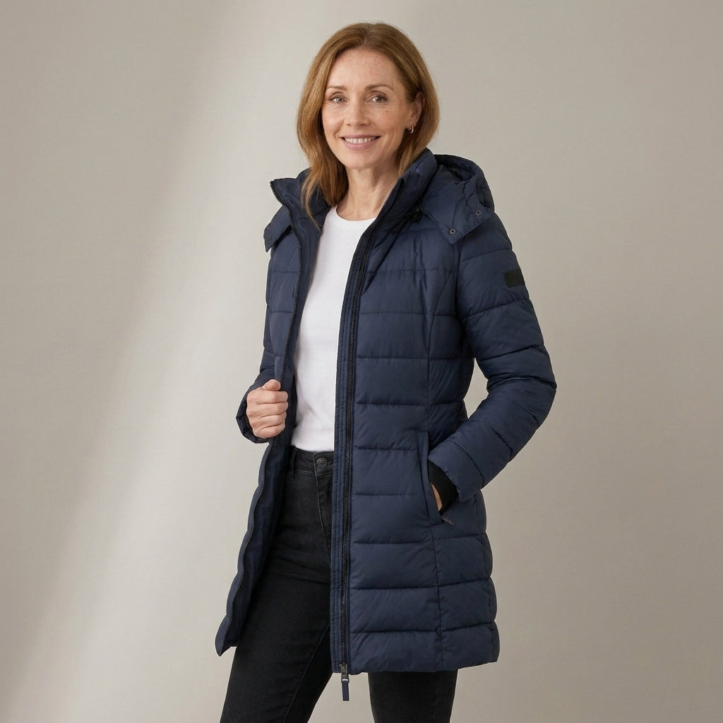 Women's Longline Quilted Puffer Coat with Detachable Hood – Fitted Padded Winter Jacket – Navy