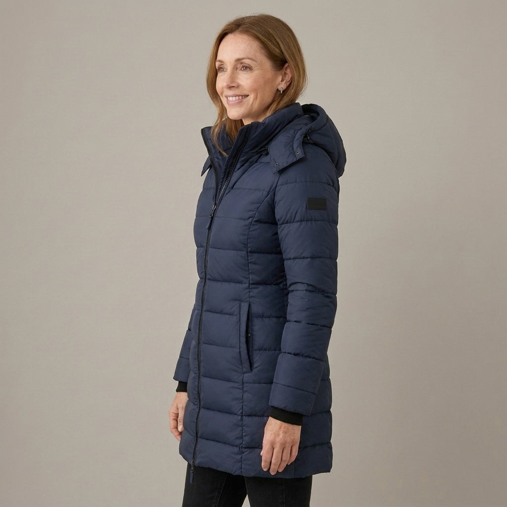 Women's Longline Quilted Puffer Coat with Detachable Hood – Fitted Padded Winter Jacket – Navy