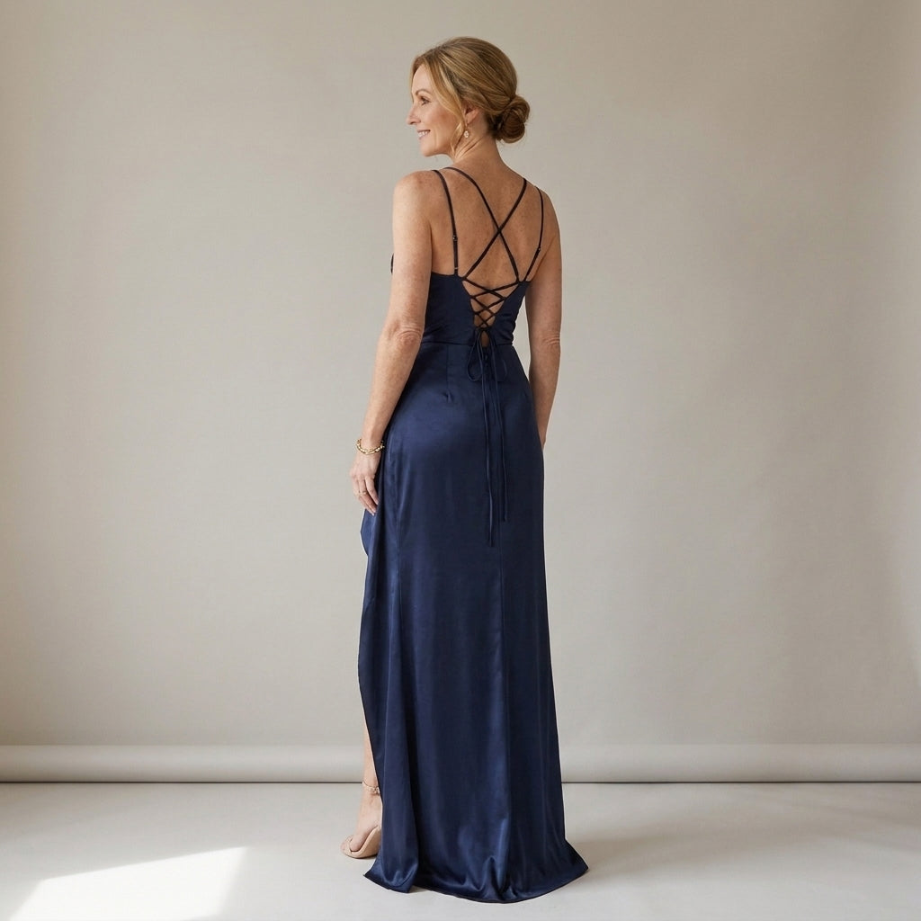 Women's Navy Satin Maxi Dress with Thigh Split – New Year's Eve, Christmas Party & Wedding Guest Dress