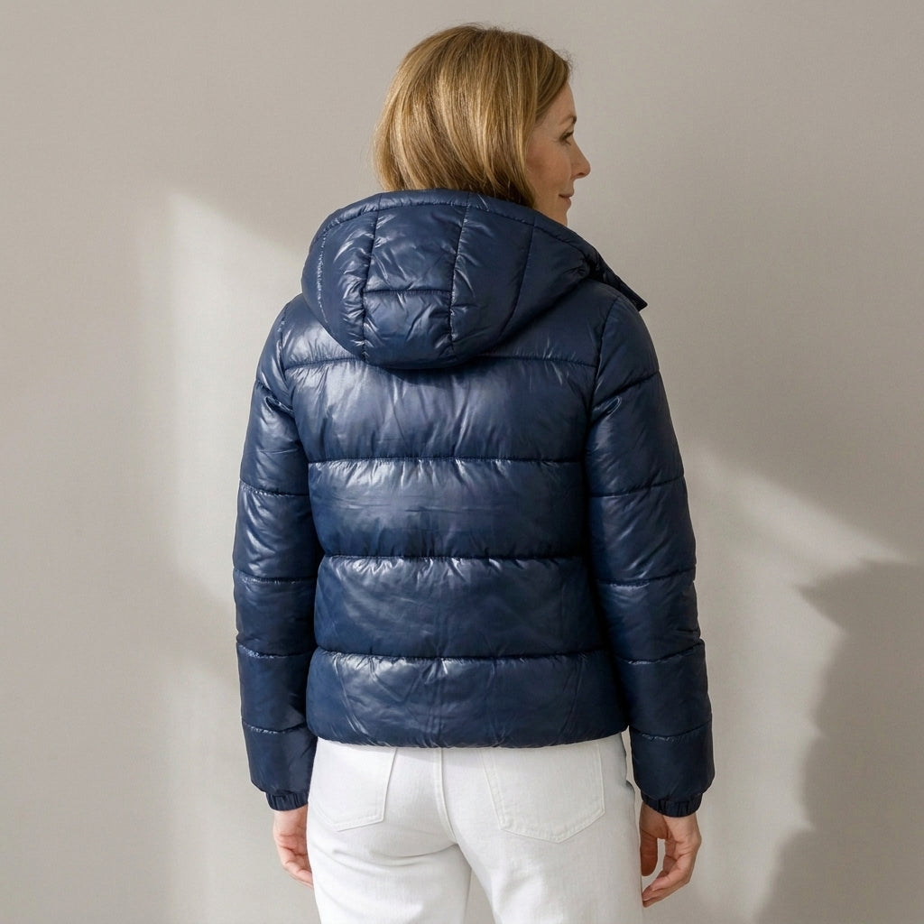Women's Short Glossy Puffer Jacket with Hood – Quilted Padded Winter Coat – Navy