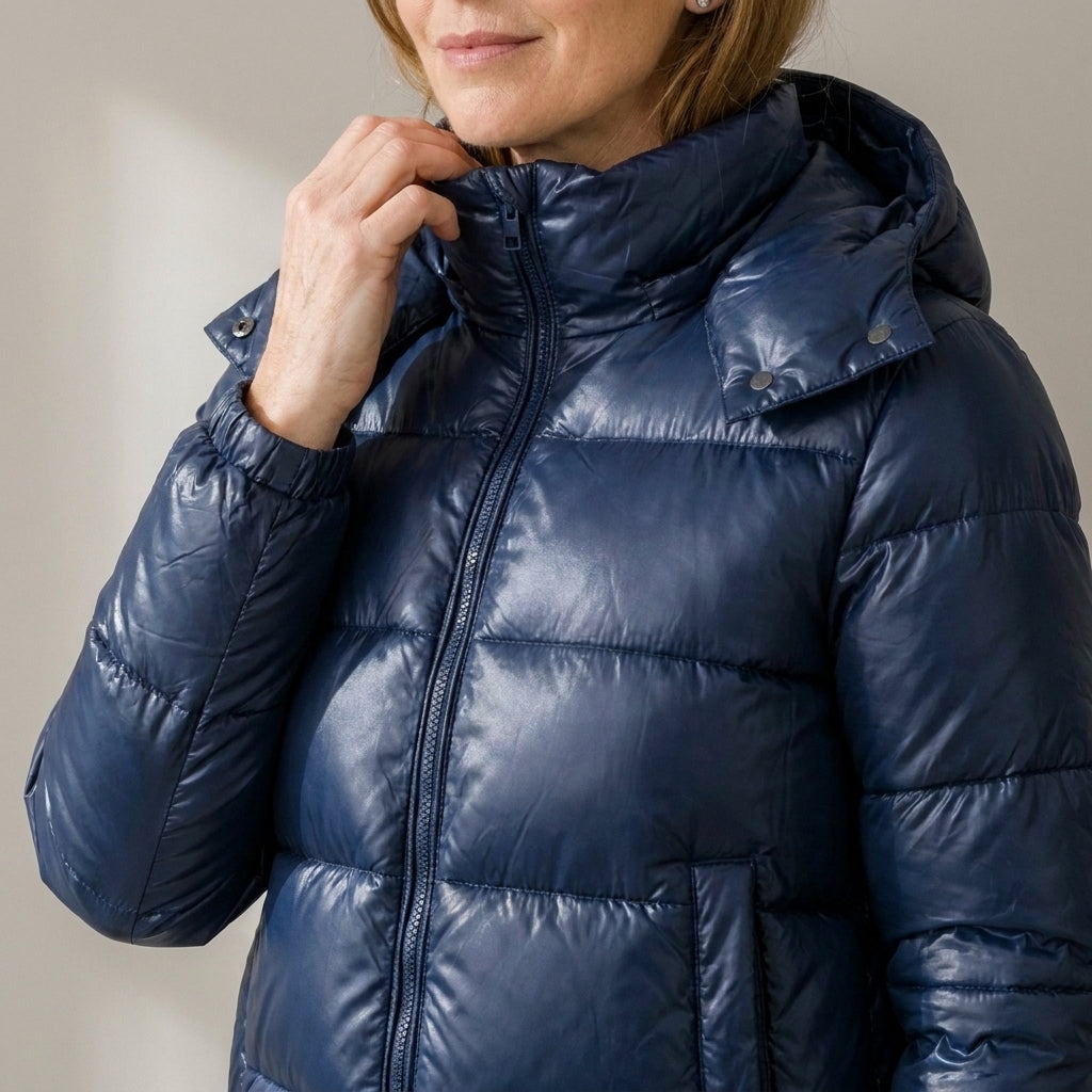 Women's Short Glossy Puffer Jacket with Hood – Quilted Padded Winter Coat – Navy