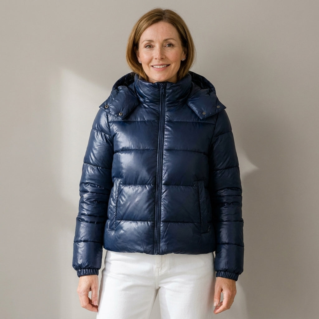 Women's Short Glossy Puffer Jacket with Hood – Quilted Padded Winter Coat – Navy