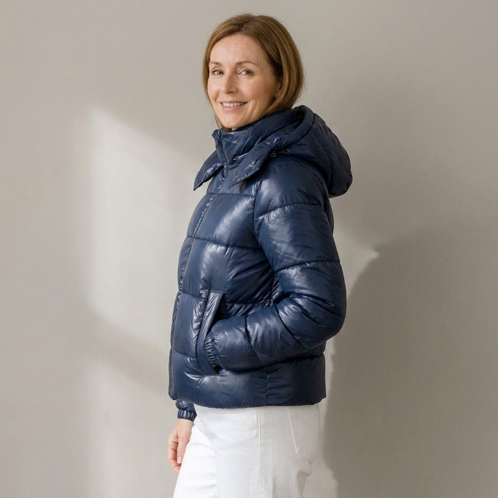 Women's Short Glossy Puffer Jacket with Hood – Quilted Padded Winter Coat – Navy