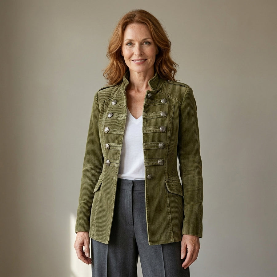 Ladies Olive Green Cord Military Jacket – Stand Collar, Silver Buttons, Tailored Fit