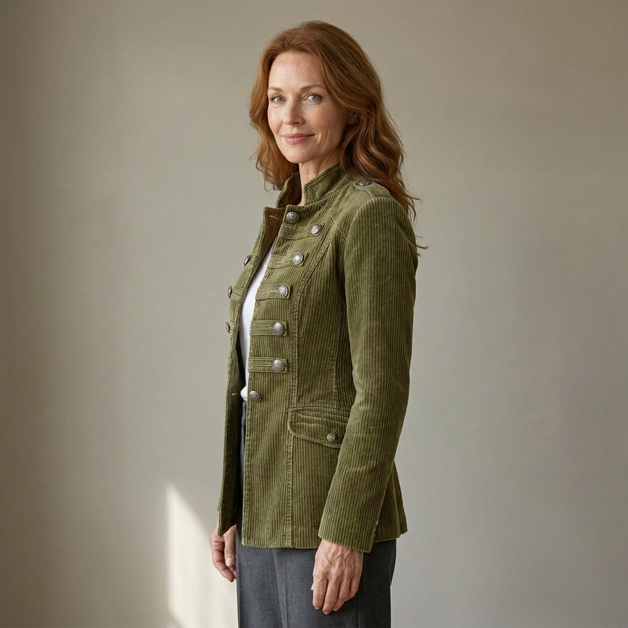 Ladies Olive Green Cord Military Jacket – Stand Collar, Silver Buttons, Tailored Fit