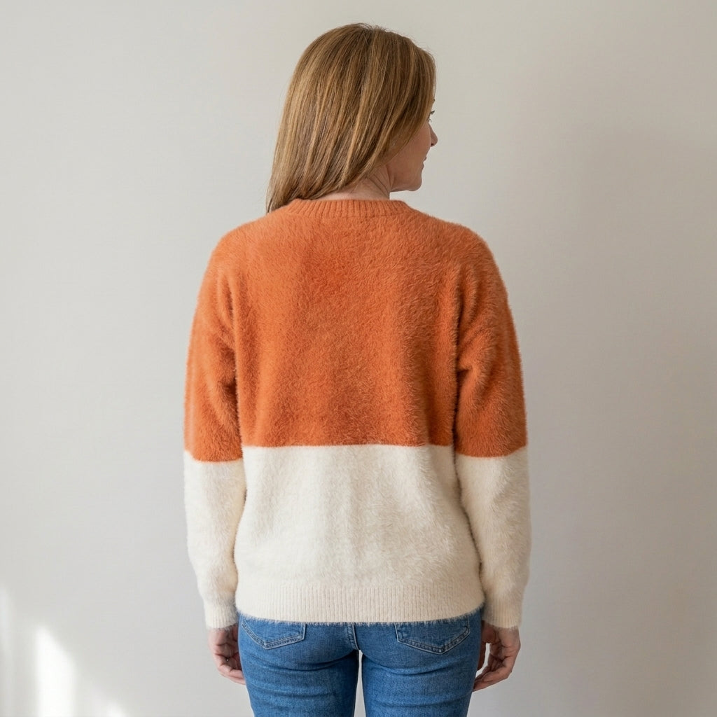 Women's Black Cat Fluffy Jumper – Colour Block Soft Knit Crew Neck Sweater – Orange & Cream