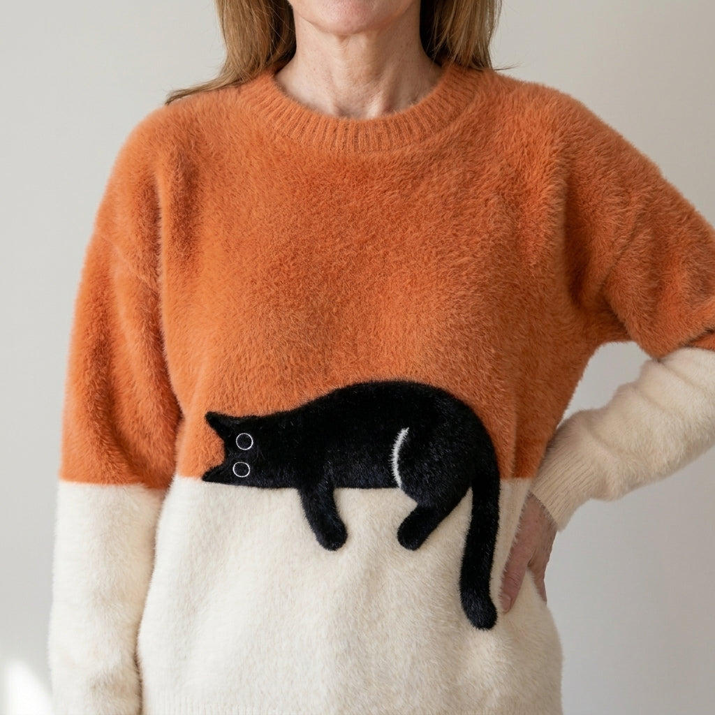 Women's Black Cat Fluffy Jumper – Colour Block Soft Knit Crew Neck Sweater – Orange & Cream