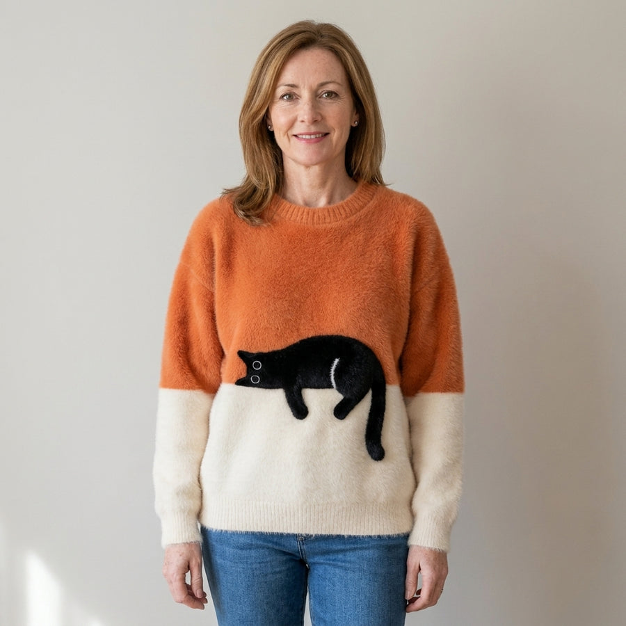 Women's Black Cat Fluffy Jumper – Colour Block Soft Knit Crew Neck Sweater – Orange & Cream