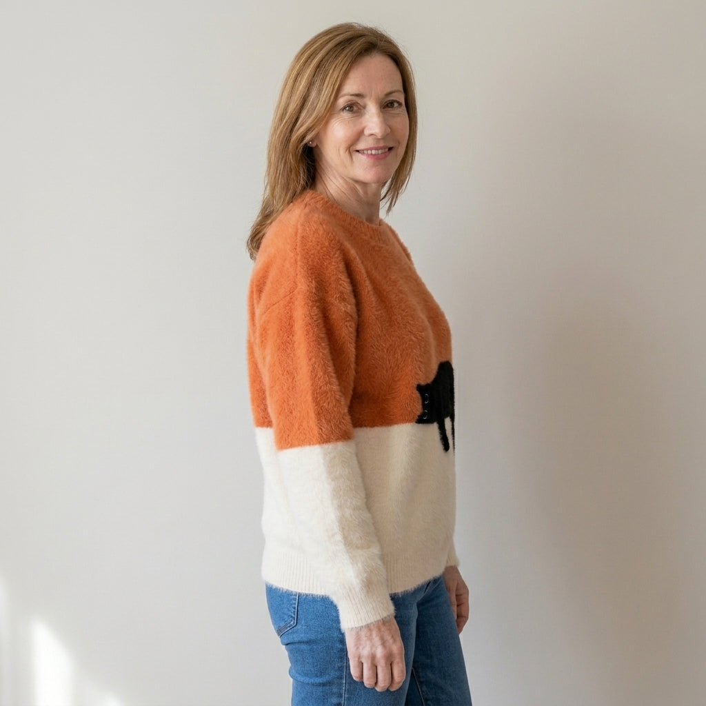 Women's Black Cat Fluffy Jumper – Colour Block Soft Knit Crew Neck Sweater – Orange & Cream