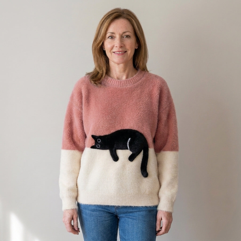 Women's Black Cat Fluffy Jumper – Colour Block Soft Knit Crew Neck Sweater – Orange & Cream