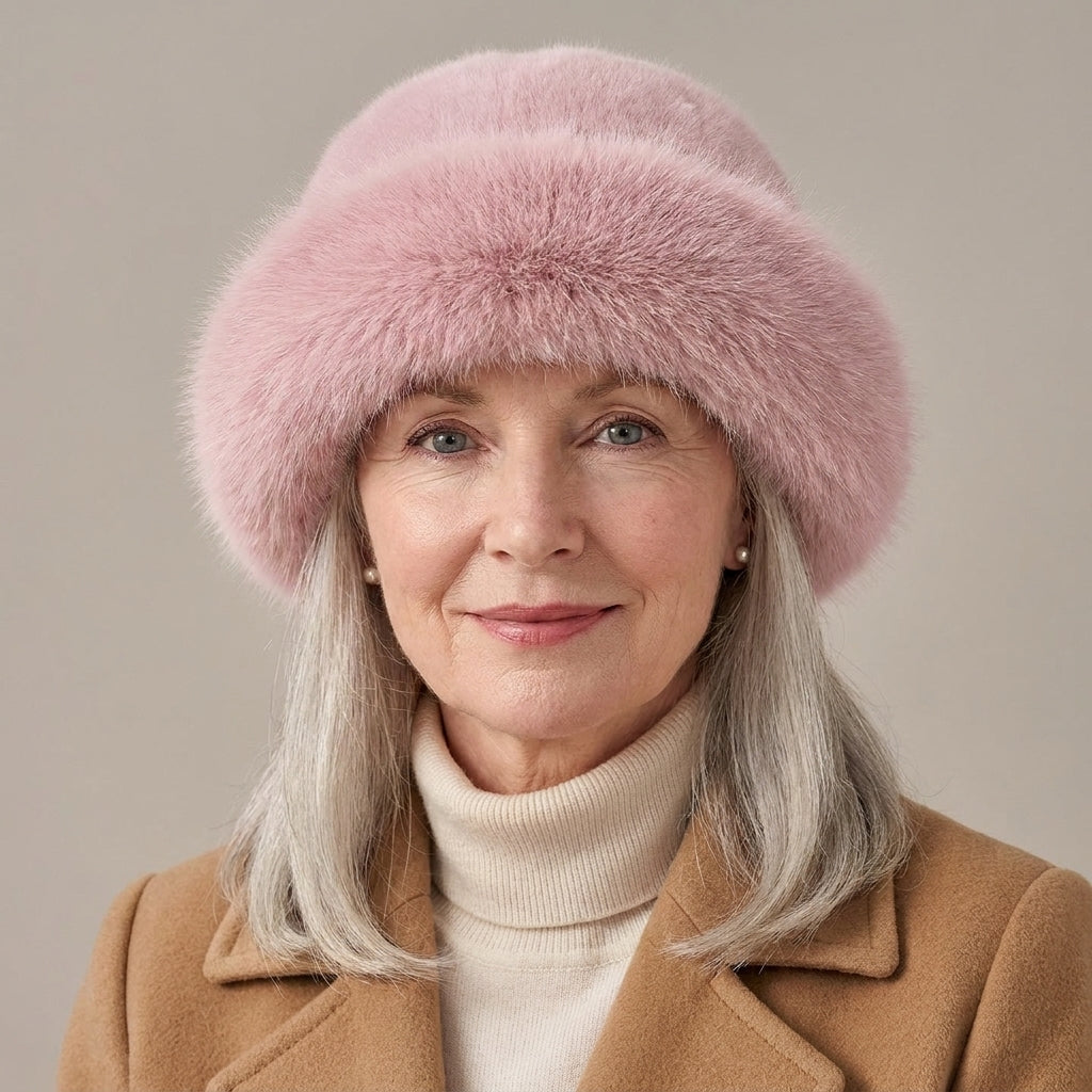 Women's Fluffy Faux Fur Bucket Hat, Warm Lined – Pink