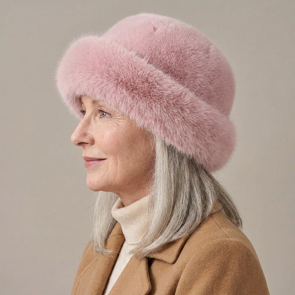 Women's Fluffy Faux Fur Bucket Hat, Warm Lined – Pink