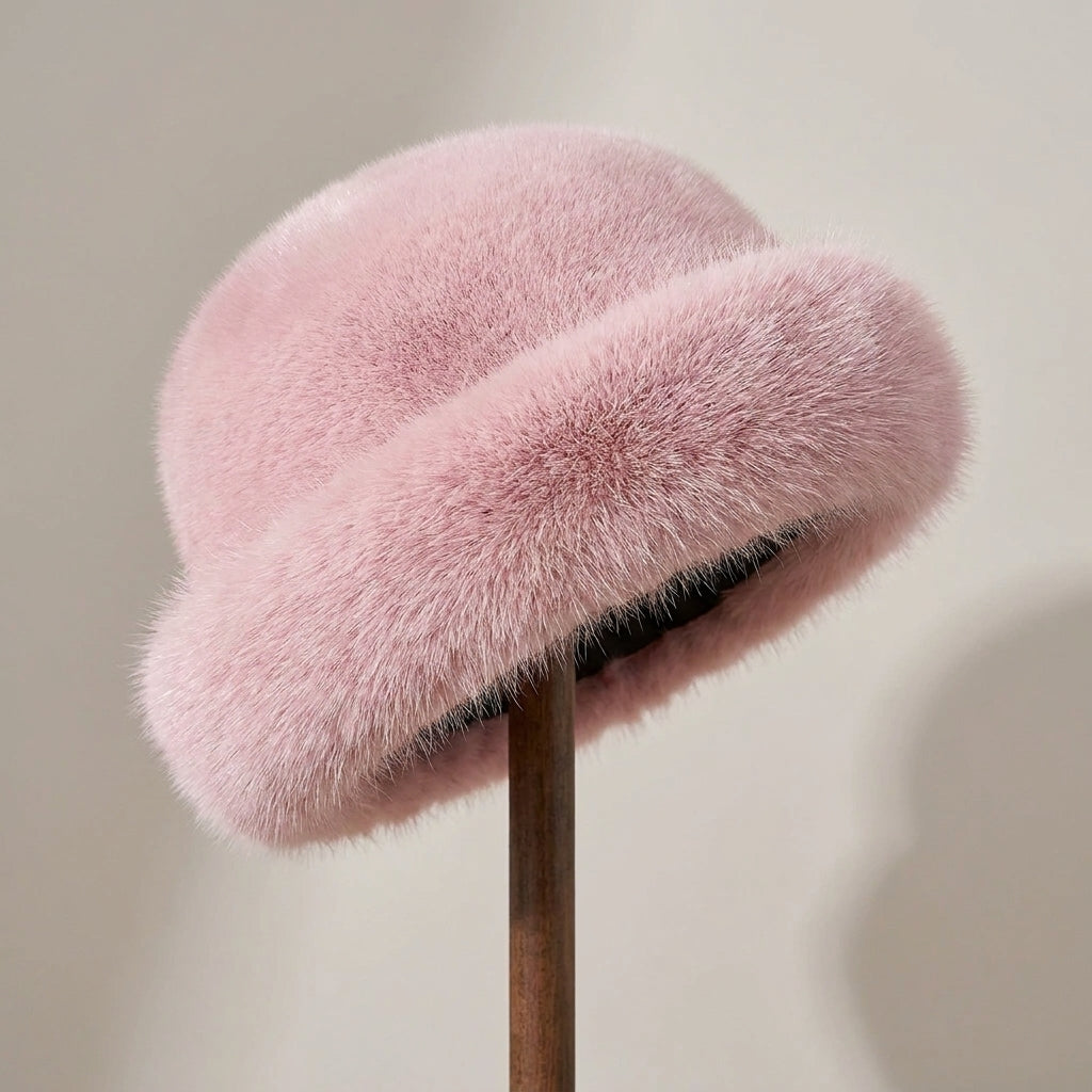 Women's Fluffy Faux Fur Bucket Hat, Warm Lined – Pink