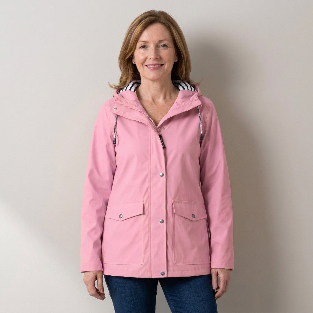 Women's Hooded Rain Jacket – Windproof & Waterproof Raincoat with Striped Lined Hood & Snap Pockets