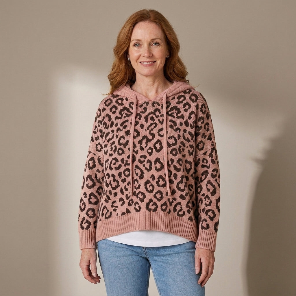 Women's Oversized Leopard Print Hooded Knit Jumper – Khaki