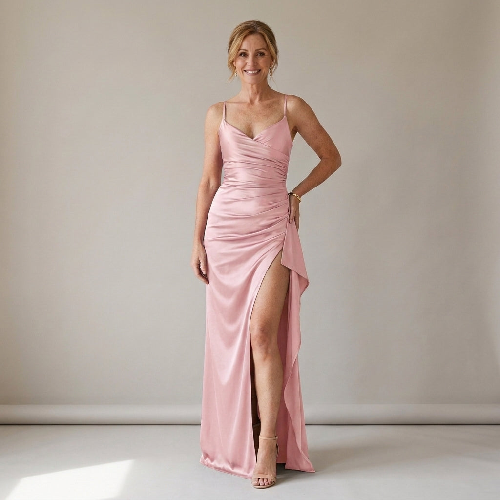Women's Navy Satin Maxi Dress with Thigh Split – New Year's Eve, Christmas Party & Wedding Guest Dress