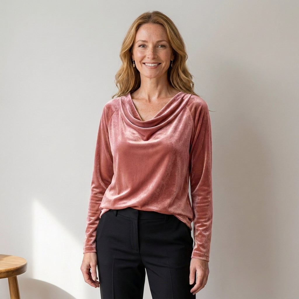 Women's Velvet Cowl Neck Top, Long Sleeve – Gold