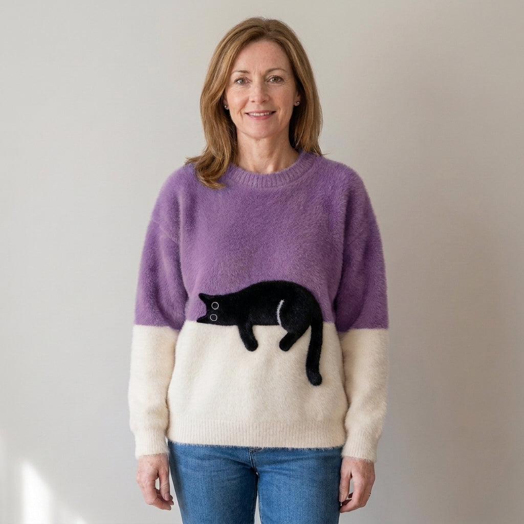 Women's Black Cat Fluffy Jumper – Colour Block Soft Knit Crew Neck Sweater – Orange & Cream
