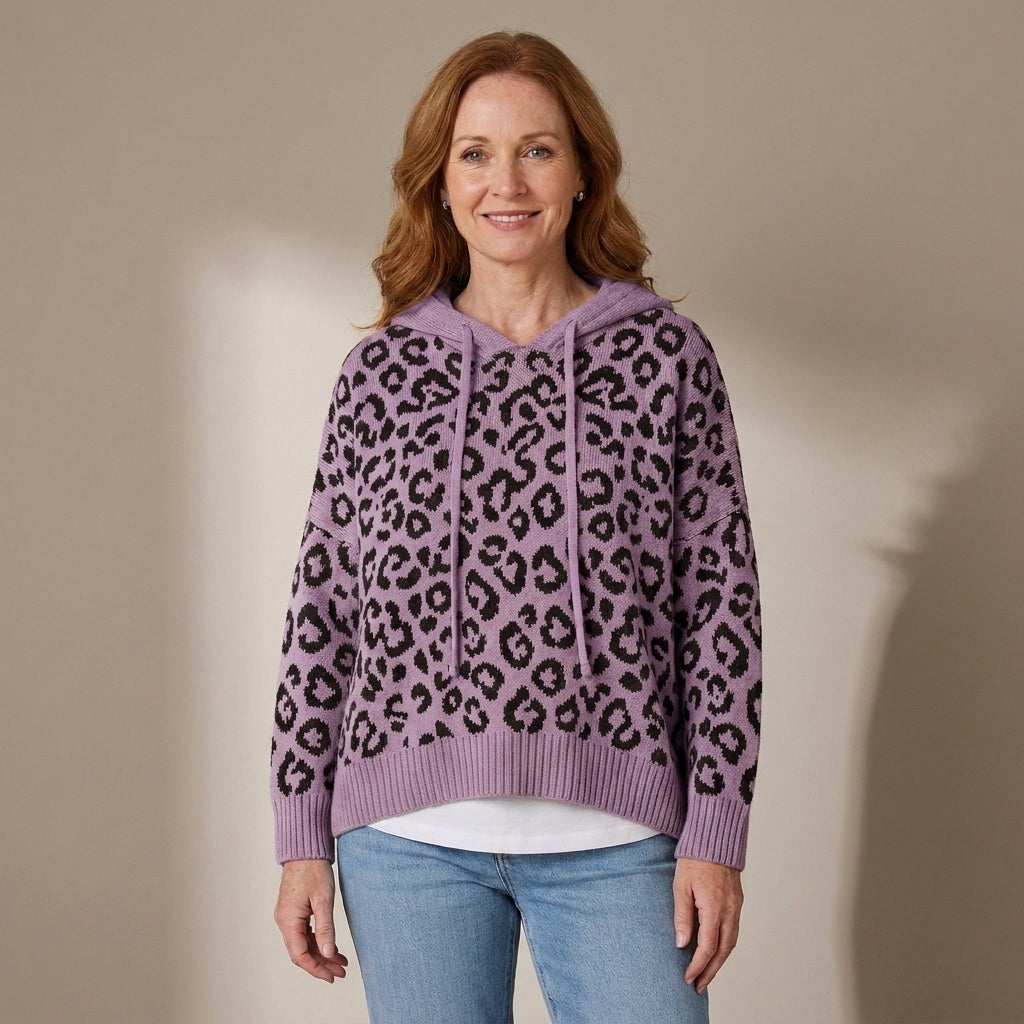 Women's Oversized Leopard Print Hooded Knit Jumper – Khaki