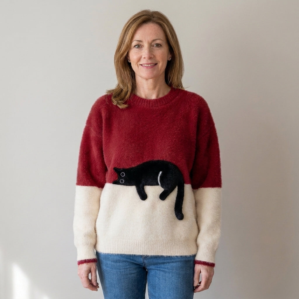 Women's Black Cat Fluffy Jumper – Colour Block Soft Knit Crew Neck Sweater – Orange & Cream