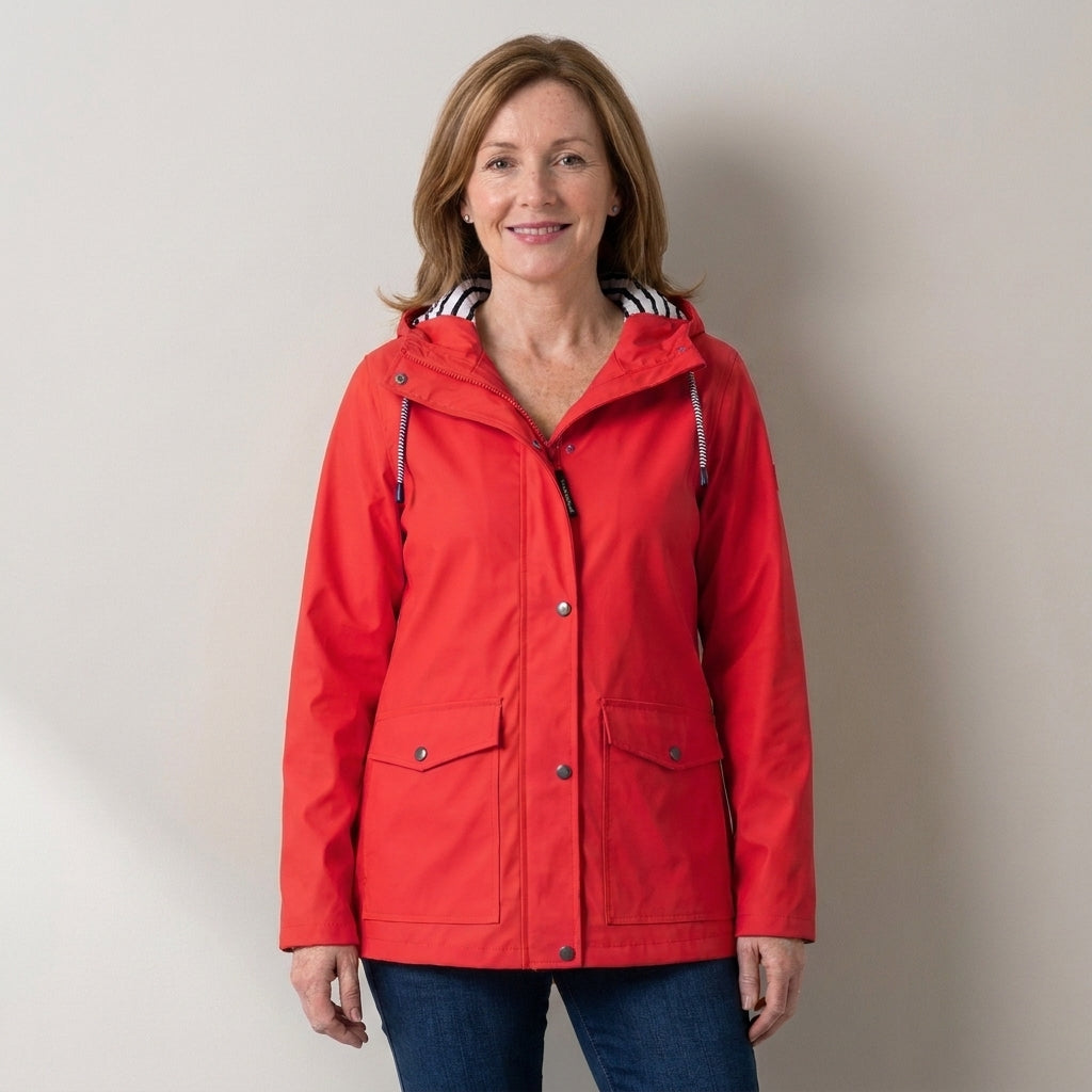 Women's Hooded Rain Jacket – Windproof & Waterproof Raincoat with Striped Lined Hood & Snap Pockets