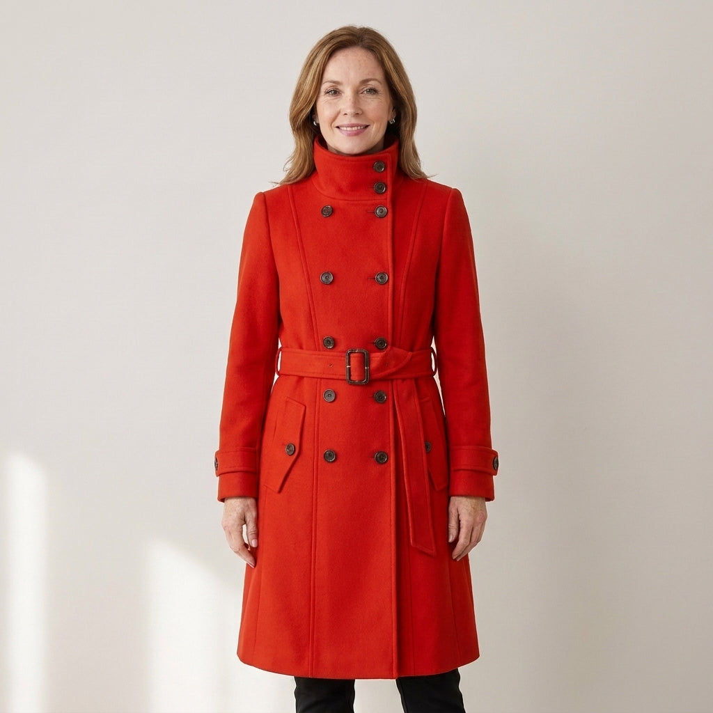 Women's Long Wool Blend Winter Coat – Double-Breasted with High Stand Collar & Belt
