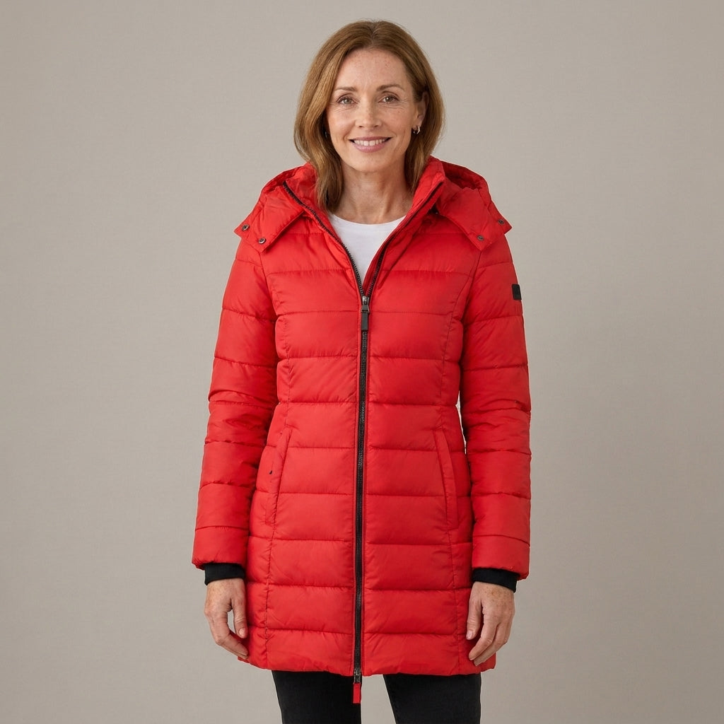 Women's Longline Quilted Puffer Coat with Detachable Hood – Fitted Padded Winter Jacket – Navy